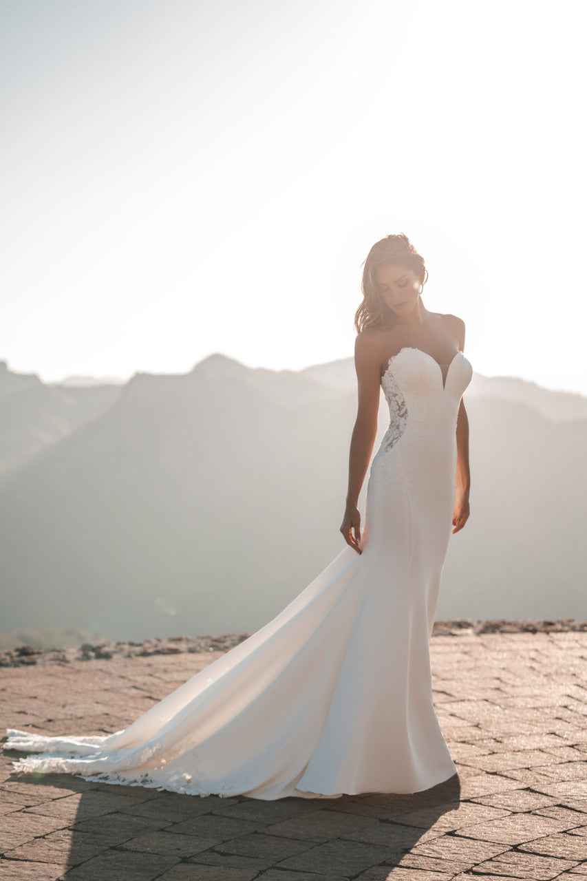 backless fit and flare wedding dress 44228: Low Back Fit and Flare Dress with Shaped Train