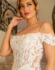 Close-up of the Giardino wedding dress with a sheer floral lace corset bodice, beaded spaghetti straps, and off-the-shoulder sleeves