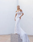 Amélie off-the-shoulder lace mermaid wedding dress with sweetheart corset bodice at Swan Bridal San Antonio