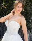 Front bodice detail of the Aurelia beaded lace ball gown with a sculpted sweetheart neckline and subtle sequins