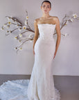 Front view of the Aurelia fitted strapless lace wedding dress without the detachable train panels