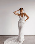 Aveline floral lace fit-and-flare wedding dress front view at Swan Bridal San Antonio