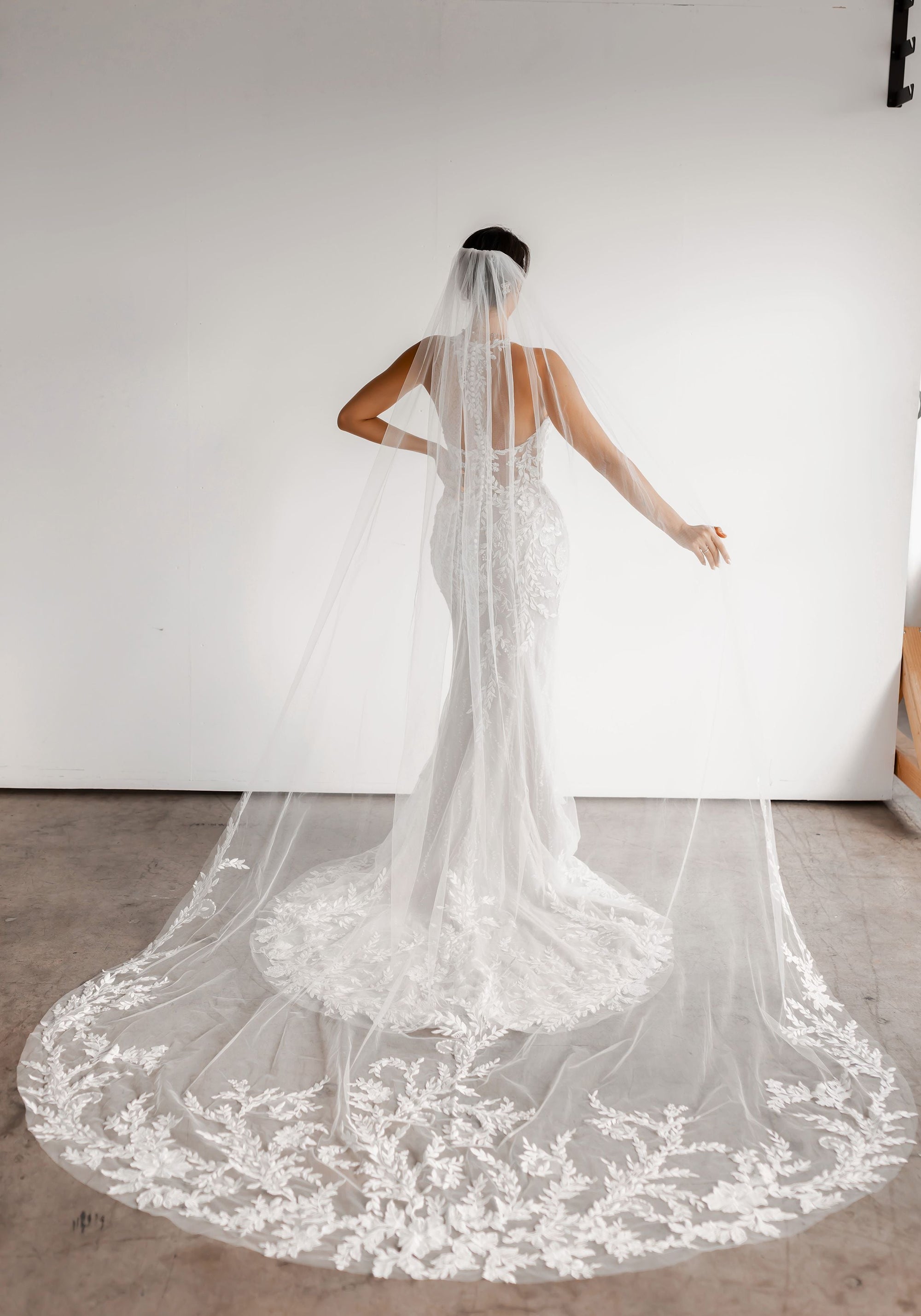 Aveline fitted lace wedding gown with cathedral veil and lace train at Swan Bridal