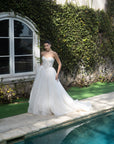 Front view of the Evangeline strapless lace A-line wedding dress without the detachable topper