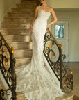Front view of the Valentina strapless French lace fit-and-flare wedding dress with floral lace appliqué